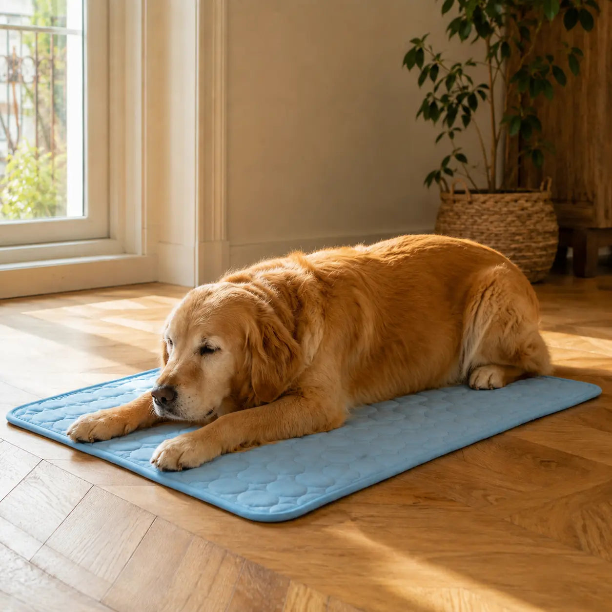 Dog settling onto the pressure-activated cooling mat